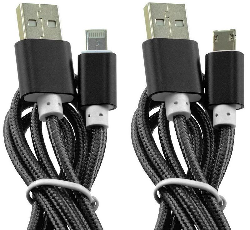 Foto van Usb kabel voor apple en microusb kabel in één connector - nylon gevlochten - zwart