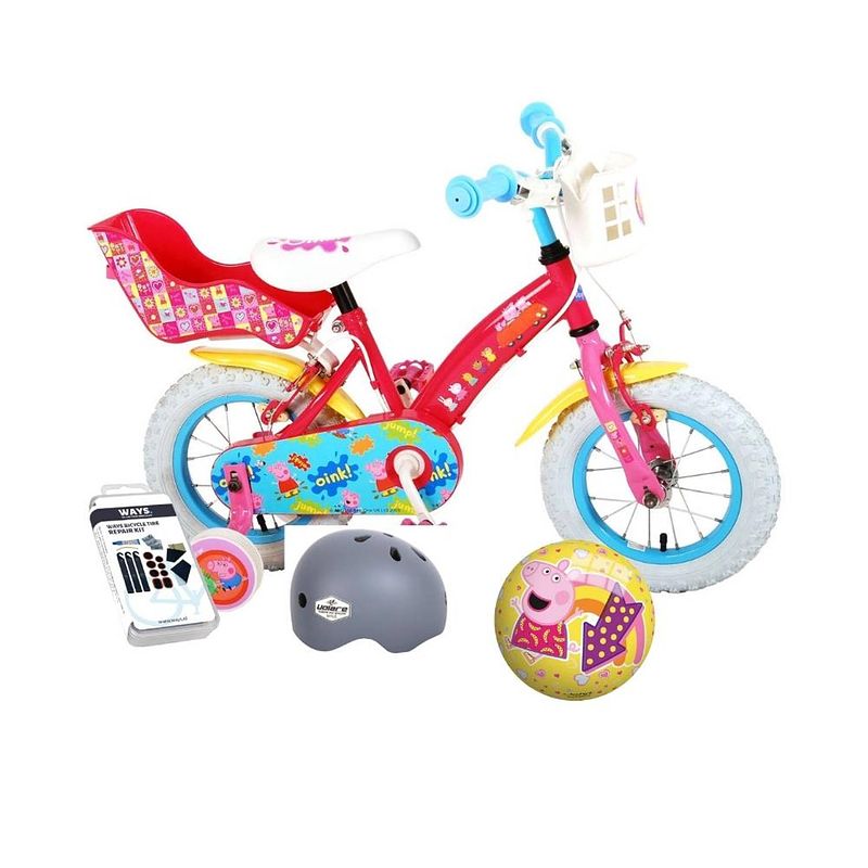 Foto van Volare kinderfiets peppa pig - 12 inch - roze - twee handremmen + met fietshelm + accessoires