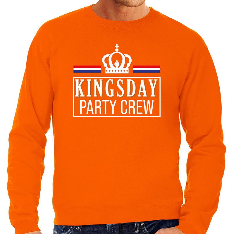 Foto van Kingsday party crew sweater oranje met witte letters voor heren - koningsdag truien l - feesttruien