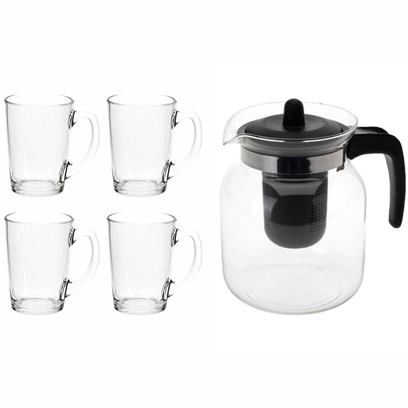 Foto van Glazen theepot zwart met filter van 1,5 liter met 8x stuks theeglazen luminarc van 320 ml - theepotten