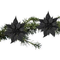 Foto van 2x stuks kerstboom decoratie bloemen zwart glitter op clip 18 cm - kunstbloemen