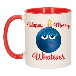 Foto van Happy merry whatever kerstcadeau kerstmok rood smiley kerstbal 300 ml - bekers