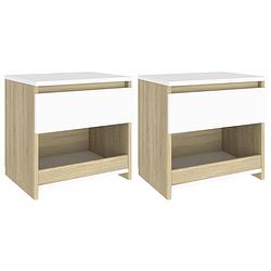 Foto van The living store nachtkastje set - spaanplaat - 40 x 30 x 39 cm - wit/sonoma eiken