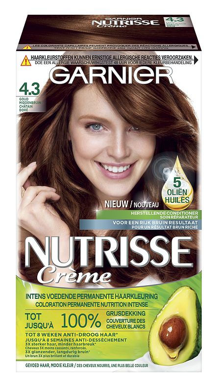 Foto van Garnier nutrisse crème permanente haarverf 4.3 goud middenbruin