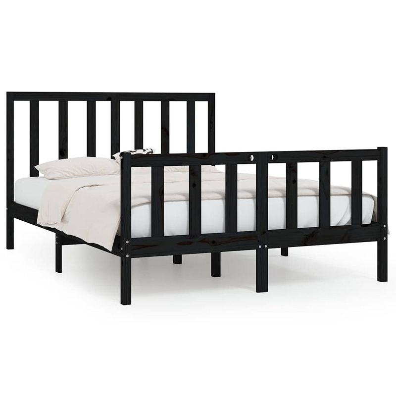 Foto van The living store houten bedframe - grenenhout - 205.5 x 146 x 100 cm - zwart