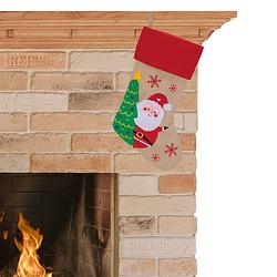 Foto van Decoratie kerstsok beige/rood met kerstman print 46 cm - kerstsokken