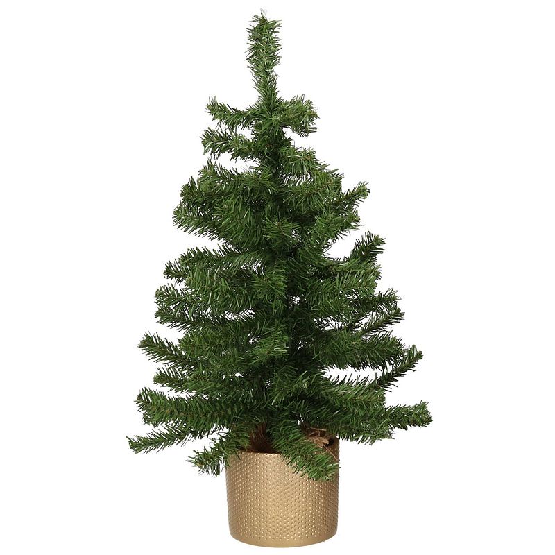 Foto van Kunst kerstboom/kunstboom groen 60 cm met gouden pot - kunstkerstboom