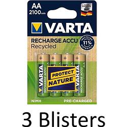 Foto van 12 stuks (3 blisters a 4 st) varta recharge accu recycled aa oplaadbare batterijen 2100 mah