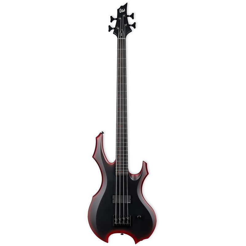 Foto van Esp ltd fred leclercq signature fl-4 black red burst satin elektrische basgitaar met koffer