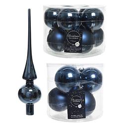 Foto van Glazen kerstballen pakket donkerblauw glans/mat 32x stuks inclusief piek glans - kerstbal