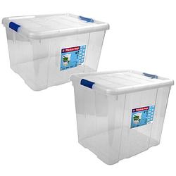Foto van 4x opbergboxen/opbergdozen met deksel 25 en 35 liter kunststof transparant/blauw - opbergbox