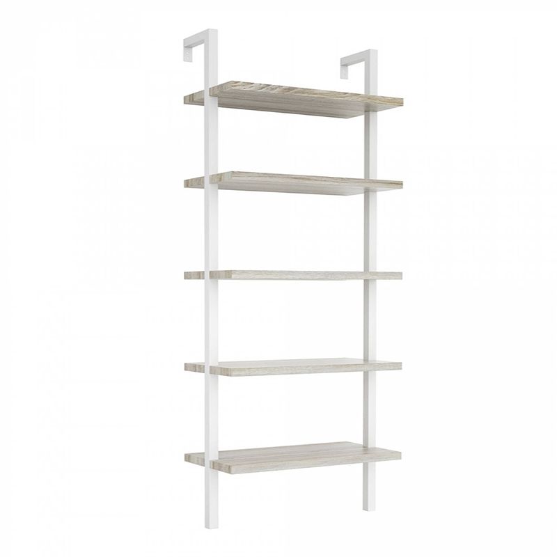 Foto van Wandrek ladder boekenkast stoer - industrieel metaal hout - 184 cm hoog - wit