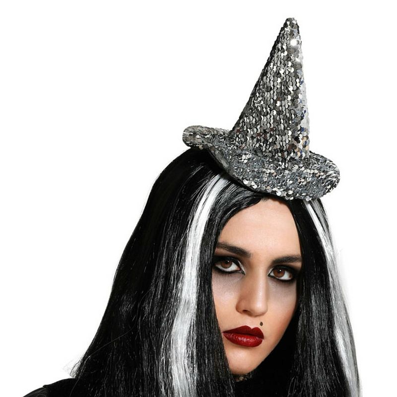 Foto van Halloween heksenhoed - mini hoedje op diadeem - one size - zilver glitter - meisjes/dames - verkleedhoofddeksels