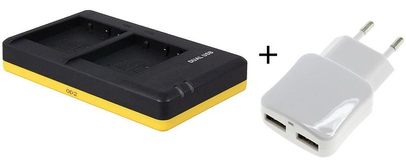 Foto van Duo lader voor 2 camera accu's panasonic dmw-blg10 + handige 2 poorts usb 230v adapter