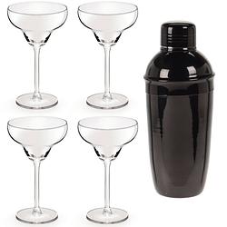 Foto van 4x cocktailglazen / margarita glazen transparant 300 ml + cocktailshaker zwart 500 ml rvs - cocktailglazen