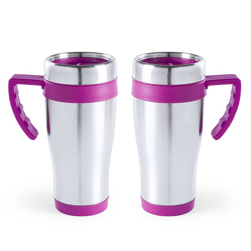 Foto van 2x stuks rvs thermosbeker/warm houd beker roze 500 ml - thermosbeker