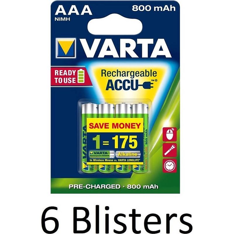 Foto van 24 stuks (6 blisters a 4 st) varta aaa oplaadbare batterijen - 800mah