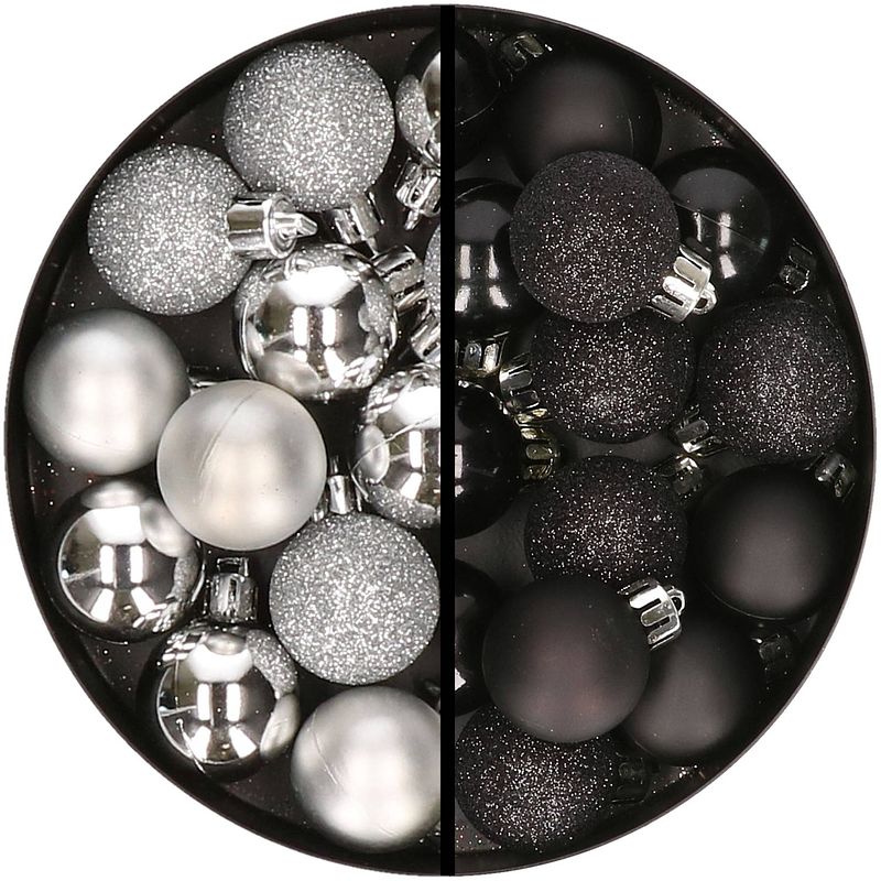 Foto van 34x stuks kunststof kerstballen zilver en zwart 3 cm - kerstbal