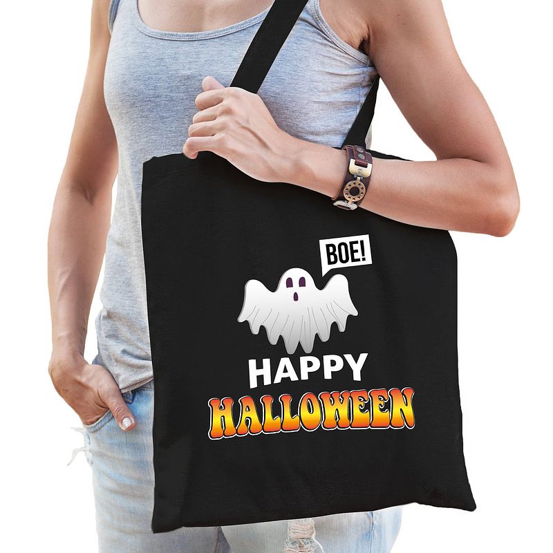 Foto van Halloween spook / happy halloween trick or treat katoenen tas/ snoep tas zwart - verkleedtassen