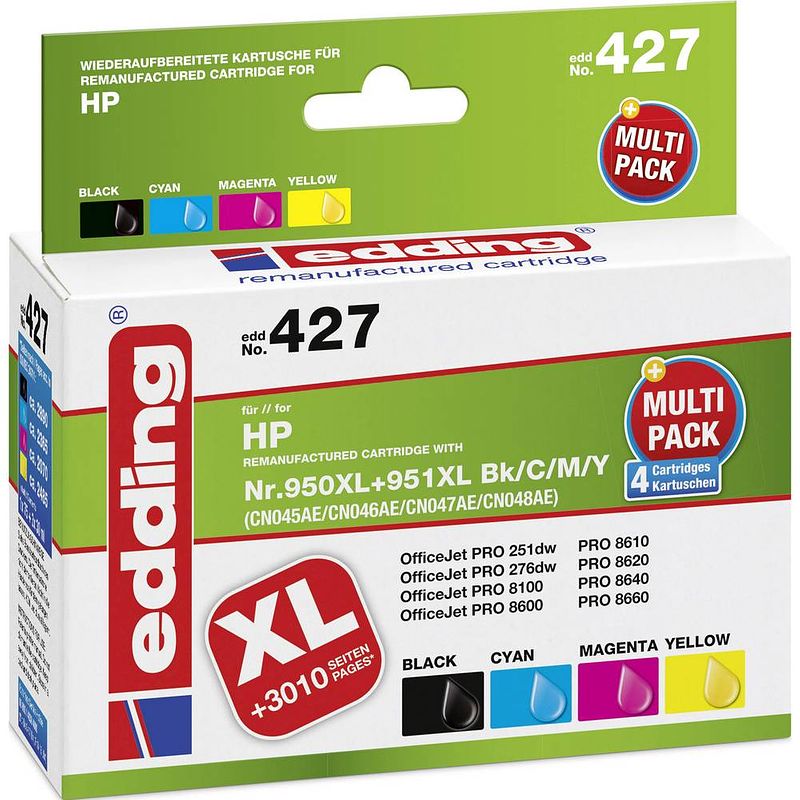 Foto van Edding inkt vervangt hp 950, 950xl, 951, 951xl compatibel combipack zwart, cyaan, magenta, geel edding 427 edd-427