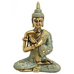 Foto van Boeddha beeldje goud/groen 33 cm - tuin decoratie/woonaccessoires boeddha beelden