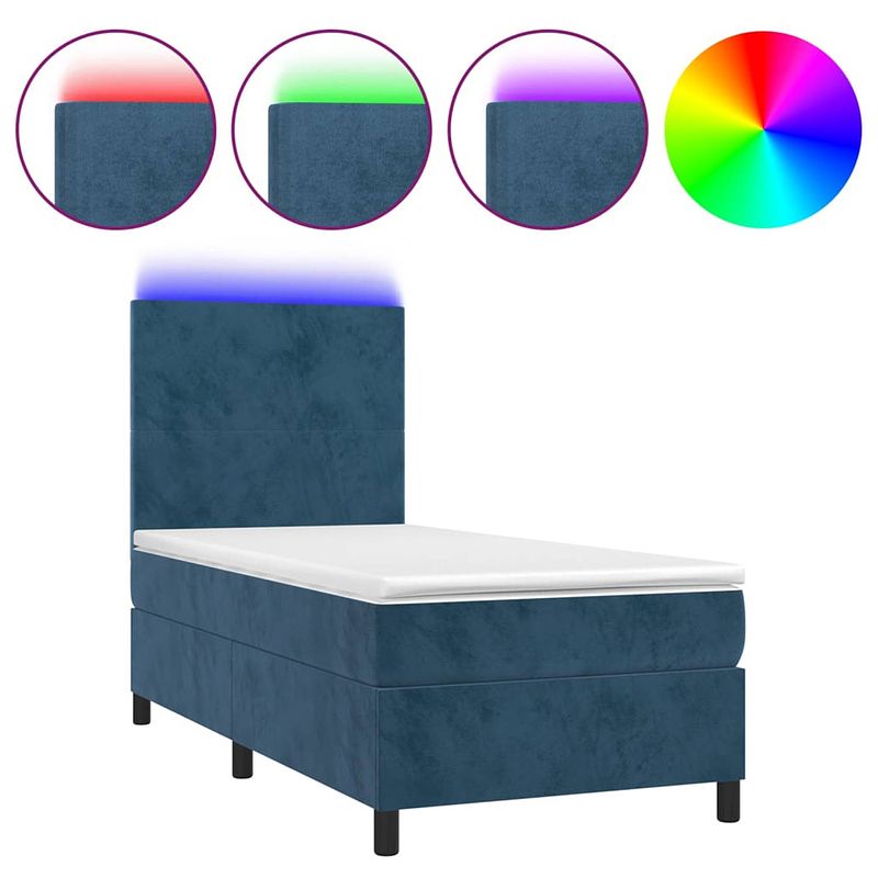 Foto van The living store boxspring donkerblauw fluweel 203x100x118/128 cm - inclusief matras - led