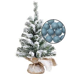 Foto van Mini kerstboom besneeuwd - incl. lichtsnoer bollen blauw - h45 cm - kunstkerstboom