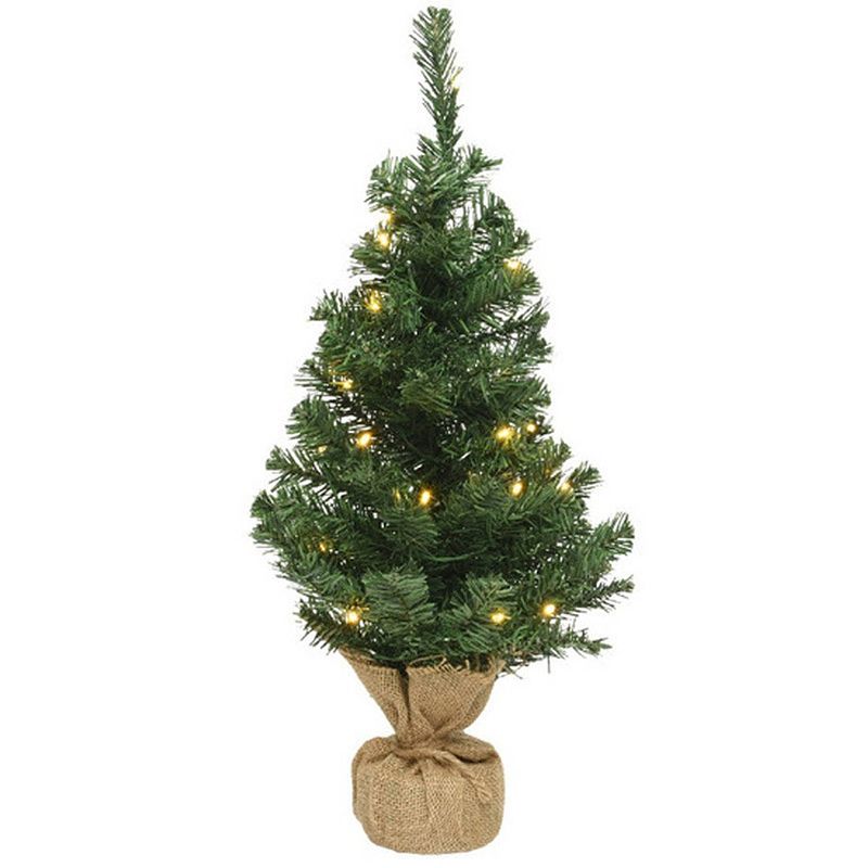 Foto van Volle kleine/mini kerstbomen groen in jute zak met verlichting 90 cm - kunst kerstbomen / kunstbomen