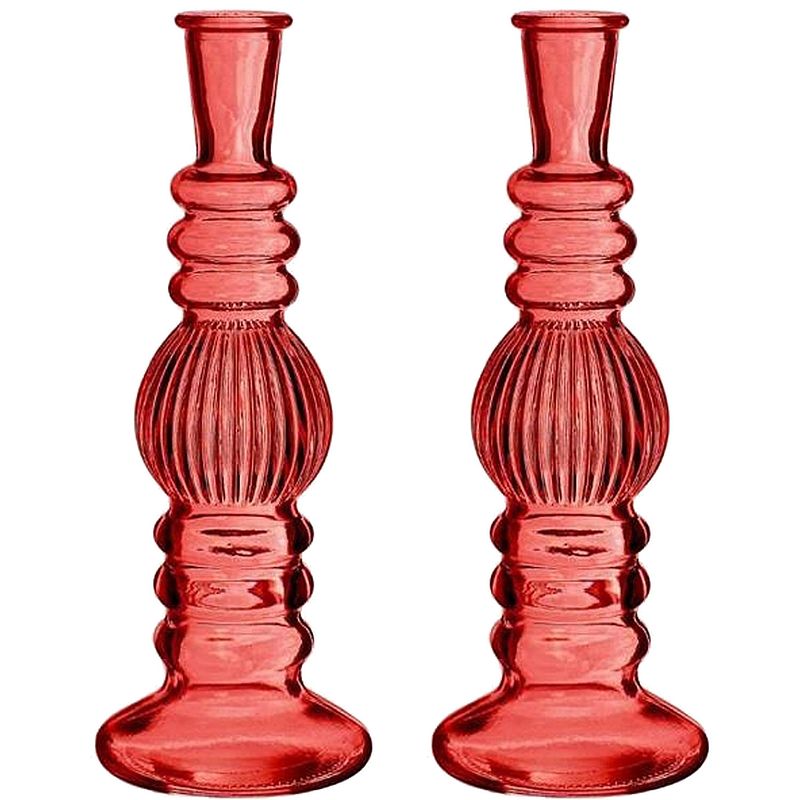 Foto van Ideas 4 seasons bloemenvaas florence - 2x - rood glas - ribbel - d8,5 x h23 cm - vazen