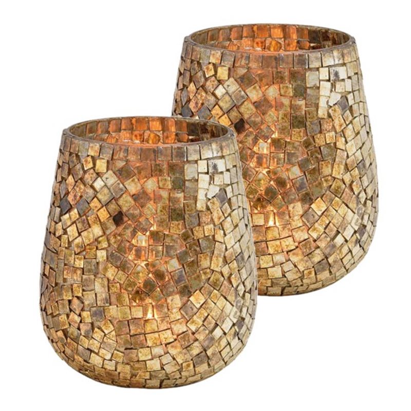 Foto van Set van 2x stuks glazen design windlicht/kaarsenhouder mozaiek champagne goud 15 x 13 cm - waxinelichtjeshouders