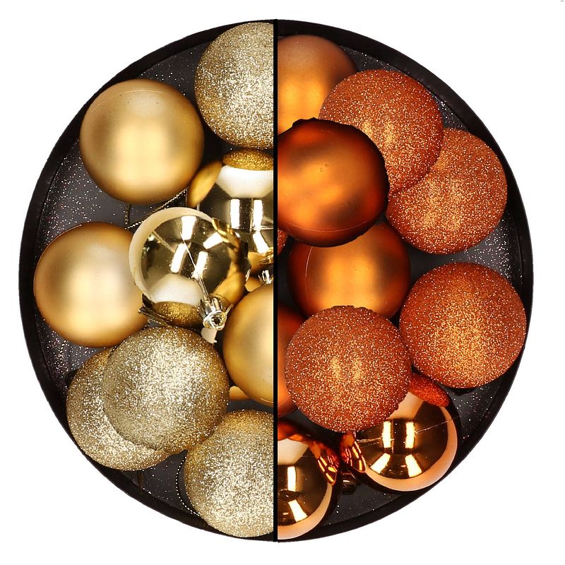 Foto van 24x stuks kunststof kerstballen mix van goud en oranje 6 cm - kerstbal