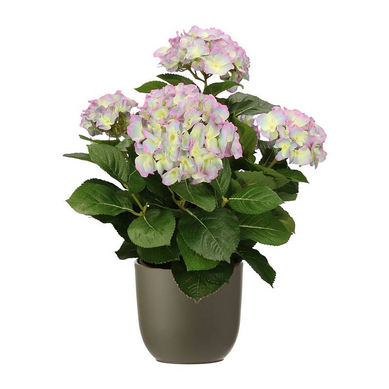 Foto van Hortensia kunstplant/kunstbloemen 45 cm - paars/groen - in pot olijfgroen mat - kunstplanten