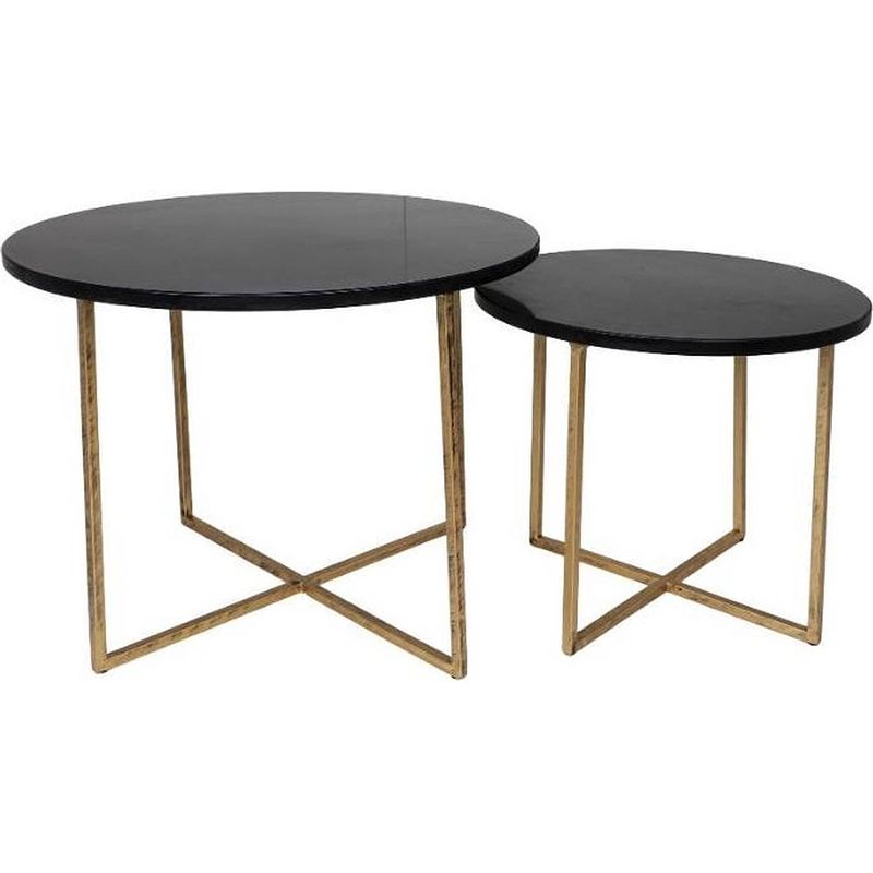 Foto van Ronde salontafel - ã¸61x45/ã¸46x39 - zwart marmer - goud - set van 2