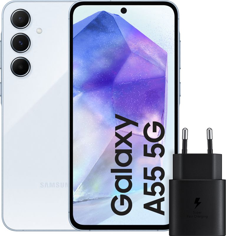 Foto van Samsung galaxy a55 128gb lichtblauw 5g + samsung 25 watt snellader zwart