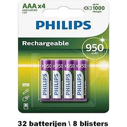 Foto van Philips aaa oplaadbare batterij - 950mah - 32 batterijen ( 8 blisters a 4 stuks )