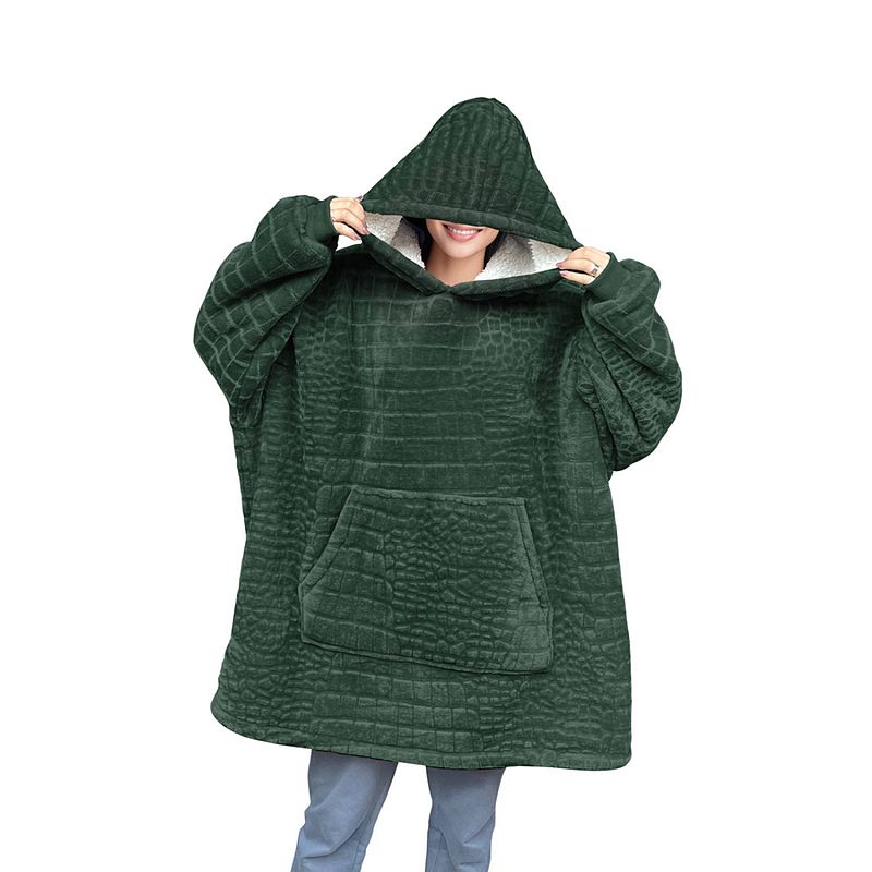 Foto van Linnick hoodie flanel fleece deken met mouwen croco - olijf groen