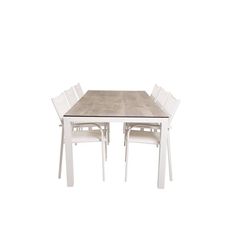 Foto van Llama tuinmeubelset tafel 100x205cm en 6 stoel santorini wit, grijs, crèmekleur.