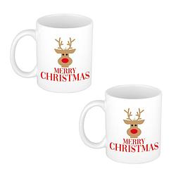 Foto van 4x stuks merry christmas rendier kerstmok / kerstbeker wit 300 ml - bekers