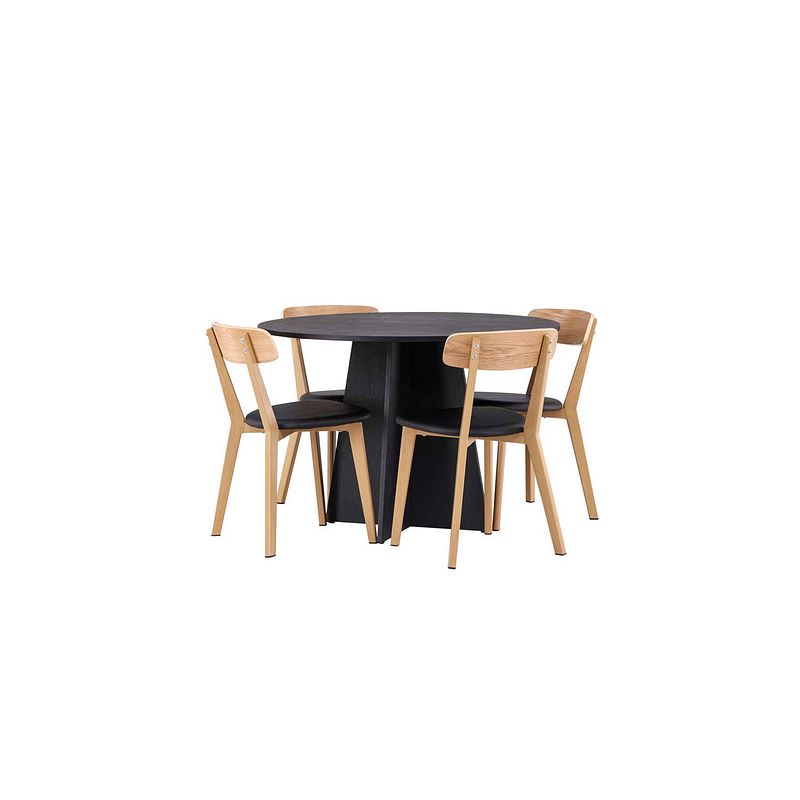 Foto van Bootcut eethoek tafel zwart en 4 sanjos stoelen naturel.