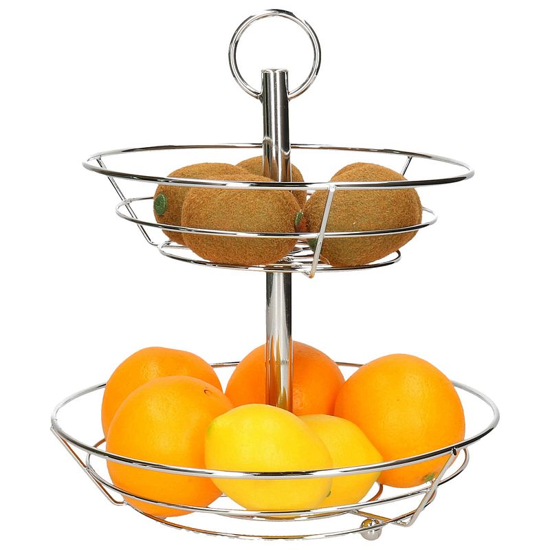 Foto van 2-laags fruitschaal/fruitmand rond zilver metaal 29 cm - fruitschalen