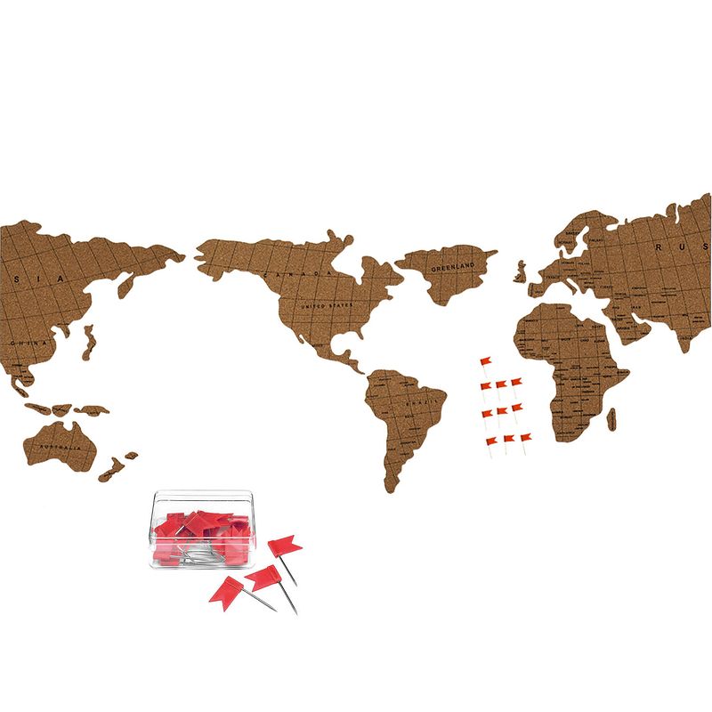 Foto van Prikbord wereldkaart met 30x punaise vlaggetjes rood - 100 x 45 cm - kurk - prikborden