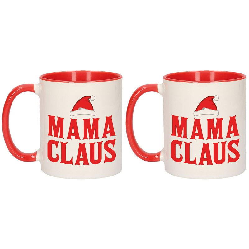 Foto van Set van 2x stuks mama claus koffiemokken / theebekers rood kerst cadeau mama 300 ml - bekers