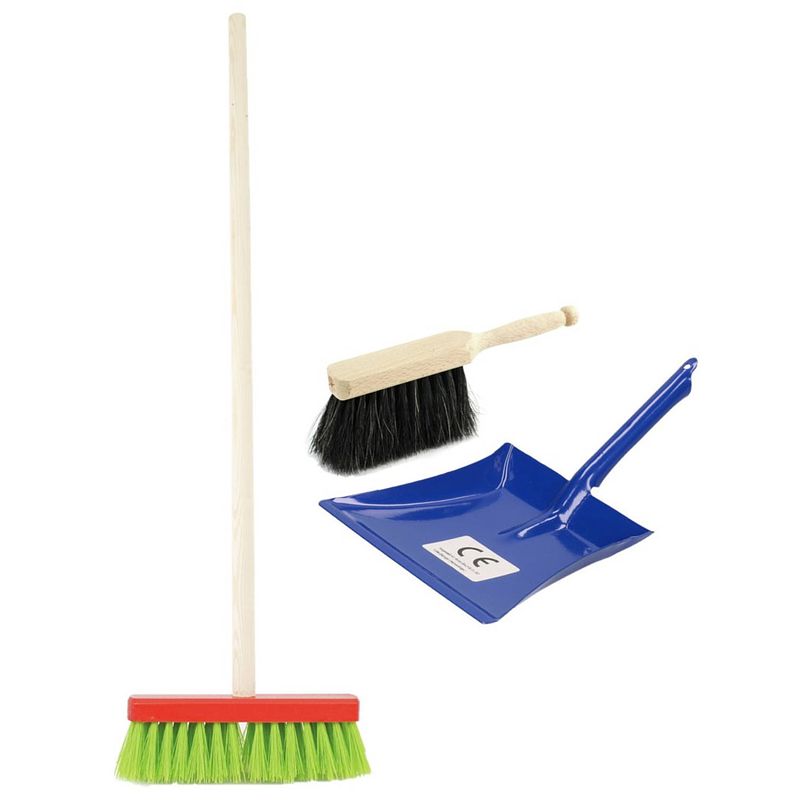 Foto van Speelgoed schoonmaak set stoffer en blik blauw met gekleurde bezem - stoffer en blik