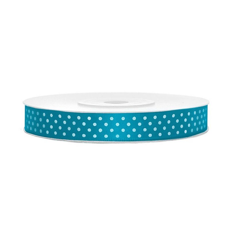 Foto van 1x hobby/decoratie turquoiseblauw satijnen sierlinten met witte stippen 1,2 cm/12 mm x 25 meter - cadeaulinten