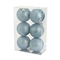 Foto van 6x stuks kunststof glitter kerstballen ijsblauw 8 cm - kerstbal