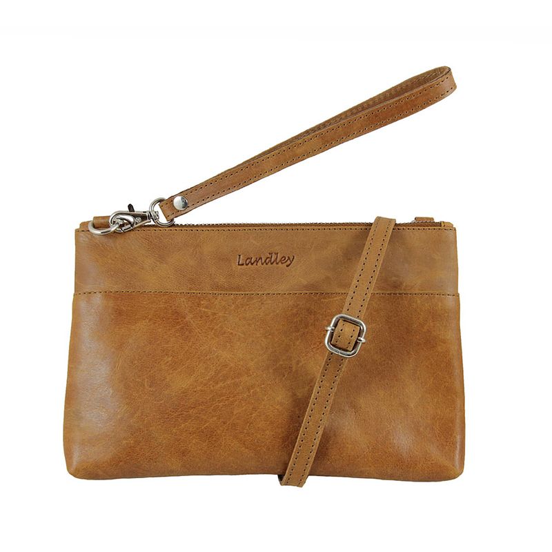 Foto van Landley dames schoudertas - leren crossbodytasje - vintage pull-up leer - effen - bruin