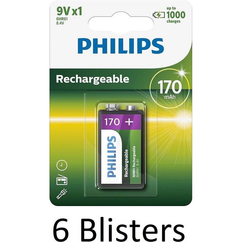 Foto van 6 stuks (6 blisters a 1 st) philips oplaadbare 9v batterij - 170mah