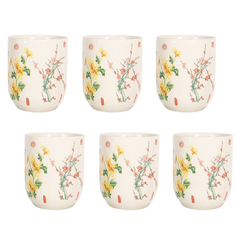 Foto van Haes deco - mokken set van 6 - ø 6x8 cm / 100 ml - met chinese bloemen - mok