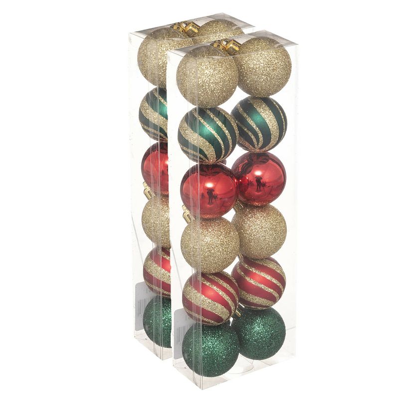 Foto van 24x stuks kerstballen mix goud/rood/groen glans/mat/glitter kunststof 4 cm - kerstbal