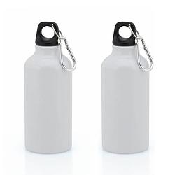 Foto van 2x stuks aluminium waterfles/drinkfles wit met schroefdop en karabijnhaak 400 ml - drinkflessen
